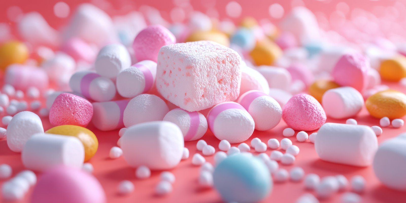 Colorful assortment of candy laid out on a bright pink background showcasing various sweet treats and shapes